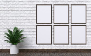Mock up photo frames with plant and wall 3D clipart