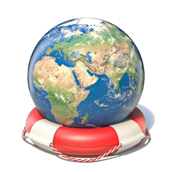 Earth globe in lifebuoy 3D — Stock Photo, Image