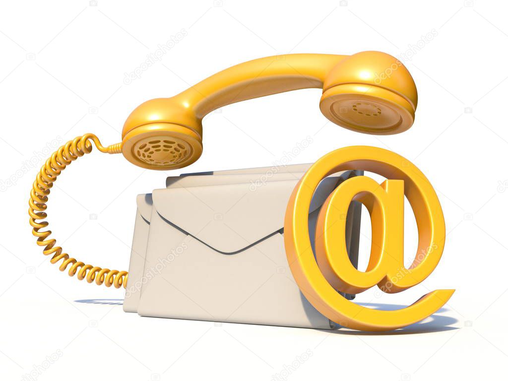 Letters, At sign and telephone handset 3D rendering illustration isolated on white background