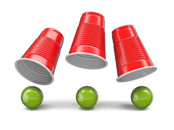 シェルゲーム白い背景に隔離された3つの赤いカップと3つの緑のボール3Dレンダリングイラスト — ストック写真