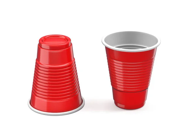 白い背景に孤立した2つの赤いプラスチックカップ3Dレンダリングイラスト — ストック写真