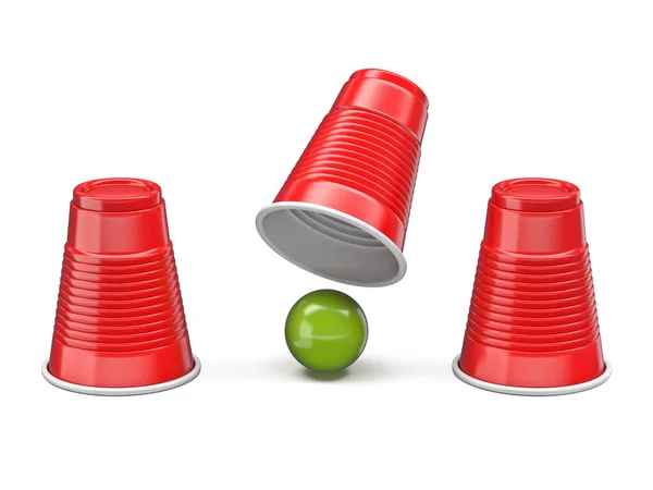 Shell Game Tres Tazas Rojas Bola Verde Ilustración Renderizado Aislada — Foto de Stock