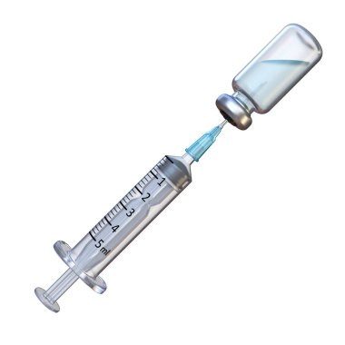 Tıbbi şırınga ve aşı 3D görüntüleme beyaz arkaplanda izole edildi