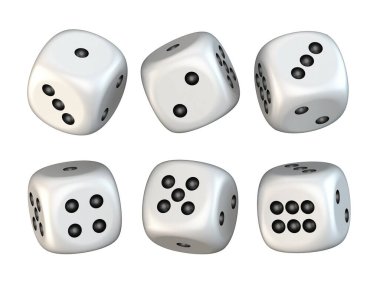 Six white game dices randomly rotated 3D render illustration isolated on white background clipart