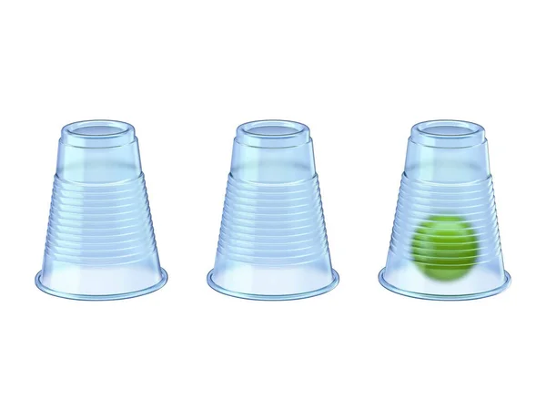 Shell Game Tre Transparenta Koppar Och Grön Boll Göra Illustration — Stockfoto