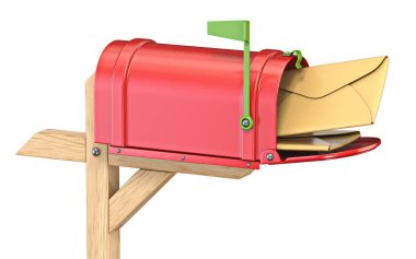 E- postalarla dolu bir posta kutusu. Beyaz arkaplanda 3 boyutlu resimleme izole edildi