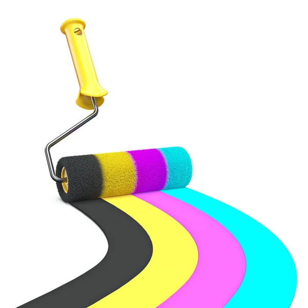 Cmyk Färg Färg Roller Borste Render Illustration Isolerad Vit Bakgrund — Stockfoto