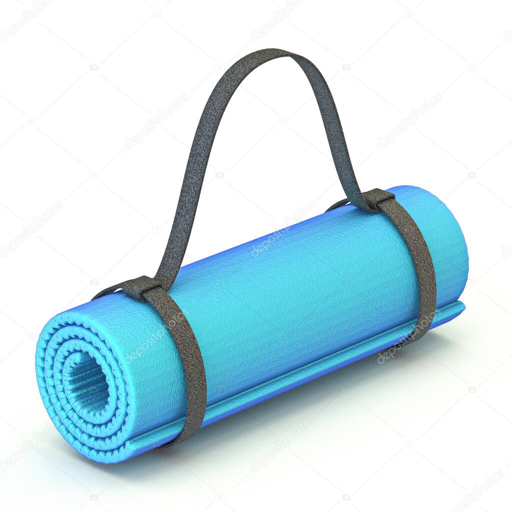 Blue yoga gym floor mat 3D render illustration isolated on white background
