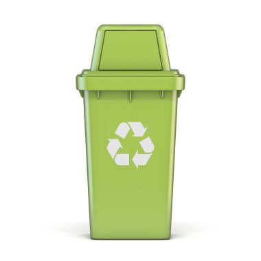 Yeşil plastik geri dönüşüm kutusu 3D görüntüleme beyaz arkaplanda izole edildi