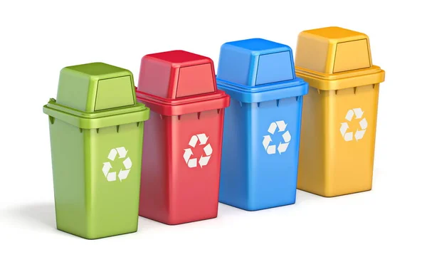 Čtyři Barevné Koše Recyklaci Vykreslení Ilustrace Izolované Bílém Pozadí — Stock fotografie