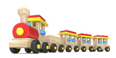 Tahta tren 3D çizim çizimi beyaz arkaplanda izole edildi