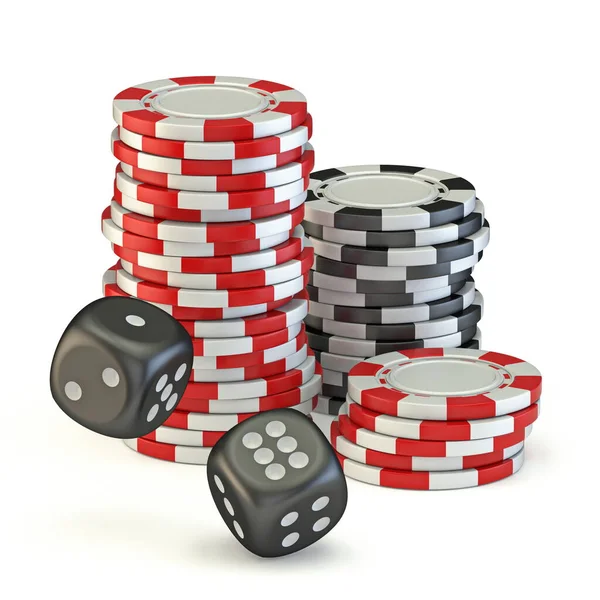 Gambling Chips Two Black Dices Render Illustration Isolated White Background — Stock Photo, Image