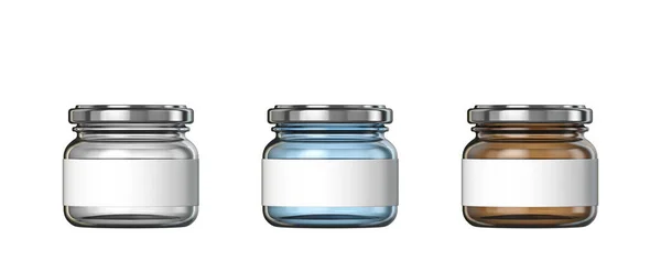 Білі Сині Коричневі Великі Скляні Банки Біла Етикетка Ілюстрація Рендерингу — стокове фото