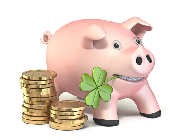 Piggy Bank Lucky Clover Golden Coin Render Illustration Isolated White — Stock Photo, Image