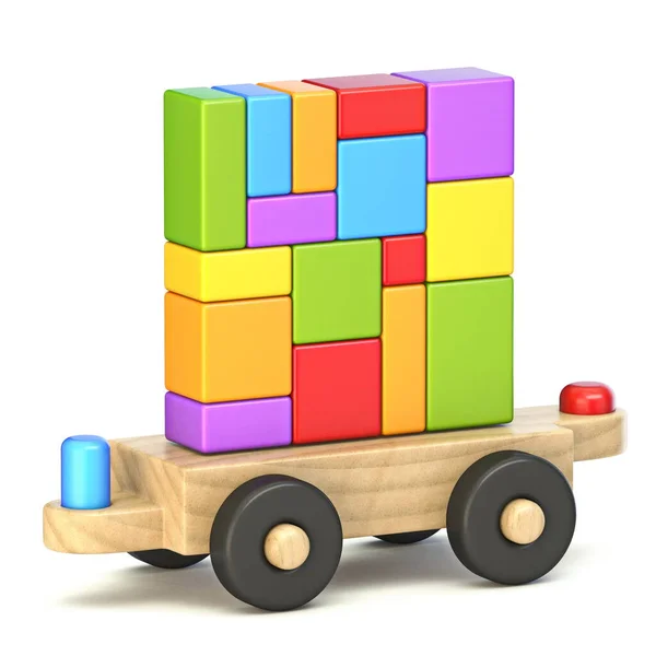 带有彩色玩具砖的木制火车车厢3D渲染图解 在白色背景下隔离 — 图库照片