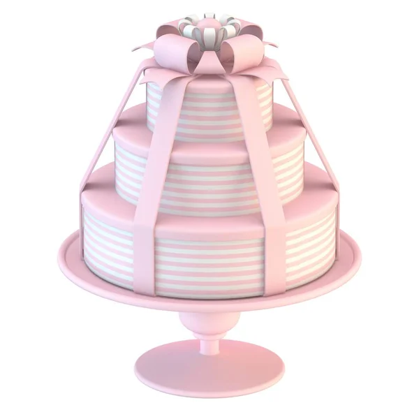 带彩带的粉色白色蛋糕3D渲染图解 在白色背景下隔离 — 图库照片