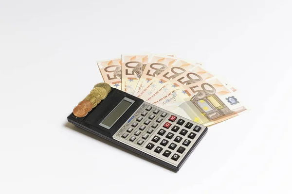 Banknotów Monet Euro Kalkulator Białym Tle — Zdjęcie stockowe