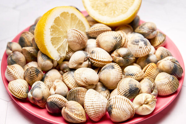 Shellfish Seafood Cockles fresh ocean gourmet dinner with lemon. Food Concept