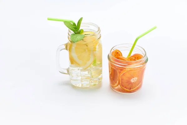 Pitcher Glass Homemade Lemonade Orangeade Some Mint Leaves Healthy Drink — Stock Photo, Image