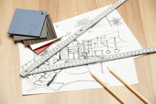 Rollos de arquitectura de planos arquitectónicos para el proyecto de planos de arquitectos . — Foto de Stock