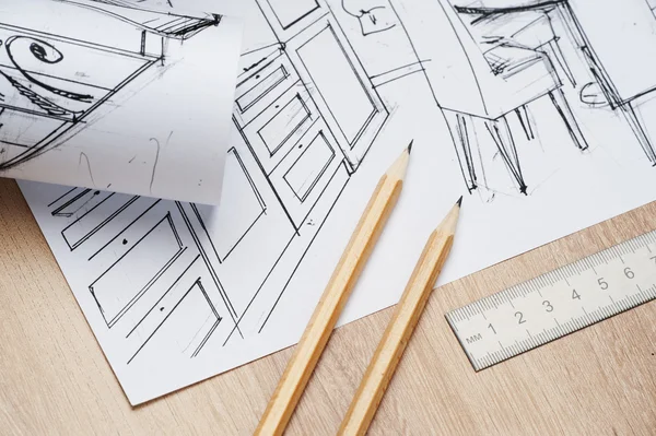 Architecture rolls of architectural plans for the project of architect blueprints. — Stock Photo, Image