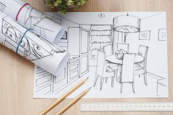 Architecture rolls of architectural plans for the project of architect blueprints. — Stock Photo, Image