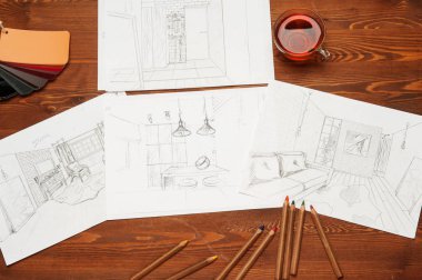 İç taslak, yatak odası, oturma odası, mutfak..