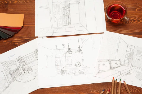 Interior Sketches Bedroom Living Room Kitchen — Stock Photo, Image