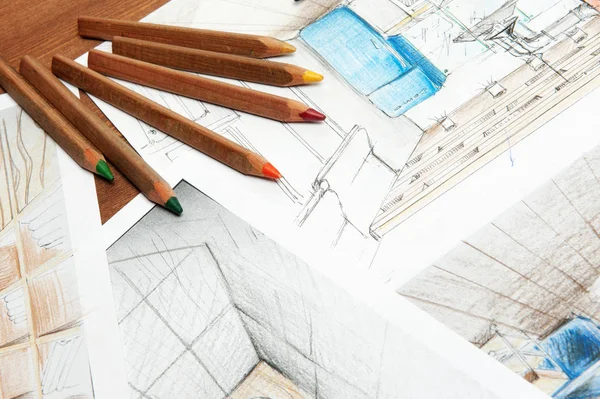Tasarım Bir Kalemle Çizim Bir Kroki Çizilir — Stok fotoğraf