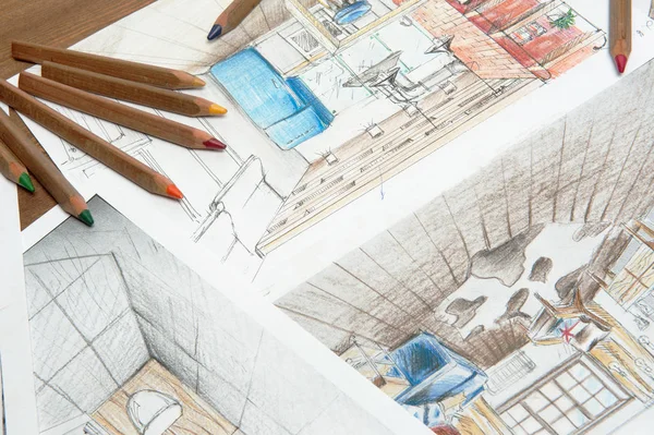 Die Inneneinrichtung Wird Mit Bleistift Gezeichnet Eine Skizzenzeichnung — Stockfoto
