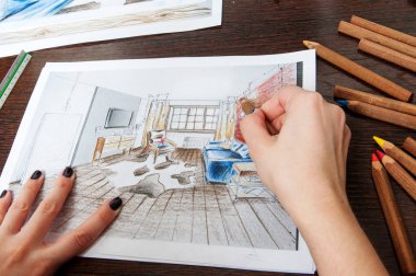 İç tasarım bir kalemle çizim bir kroki çizilir.