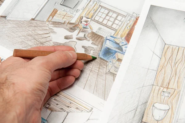 The interior design is drawn with a pencil, a sketch drawing.