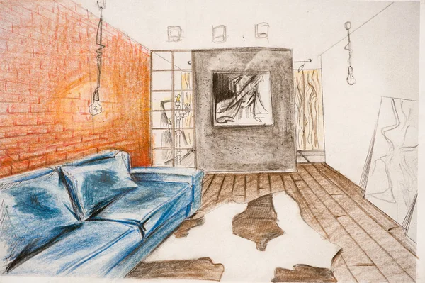 The interior design is drawn with a pencil, a sketch drawing.