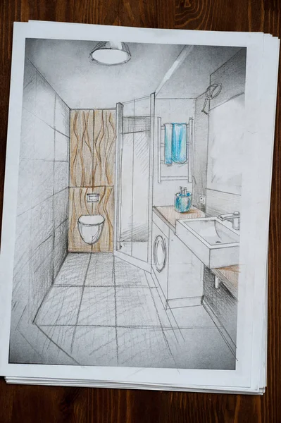 İç tasarım bir kalemle çizim bir kroki çizilir.