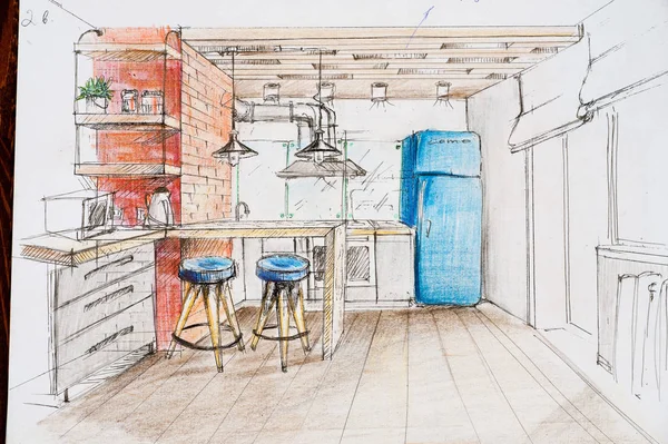 İç tasarım bir kalemle çizim bir kroki çizilir.