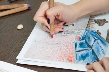 Anahat çizimler mutfak tasarım tasarım için her şeyi kurşun kalemle çizilir. Güzel, tuğla duvarlar.