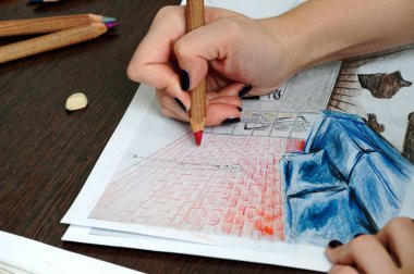 Anahat çizimler mutfak tasarım tasarım için her şeyi kurşun kalemle çizilir. Güzel, tuğla duvarlar.