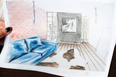 Anahat çizimler mutfak tasarım tasarım için her şeyi kurşun kalemle çizilir. Güzel, tuğla duvarlar.