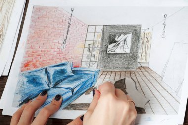 Anahat çizimler mutfak tasarım tasarım için her şeyi kurşun kalemle çizilir. Güzel, tuğla duvarlar.