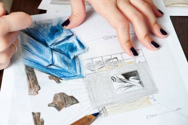 Anahat çizimler mutfak tasarım tasarım için her şeyi kurşun kalemle çizilir. Güzel, tuğla duvarlar.