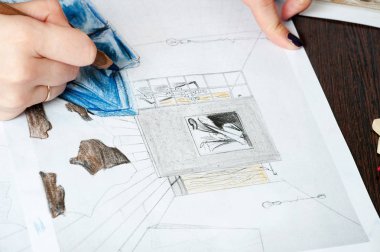 Anahat çizimler mutfak tasarım tasarım için her şeyi kurşun kalemle çizilir. Güzel, tuğla duvarlar.