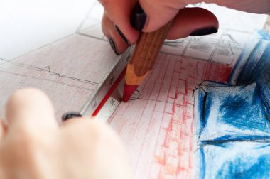 Anahat çizimler mutfak tasarım tasarım için her şeyi kurşun kalemle çizilir. Güzel, tuğla duvarlar.