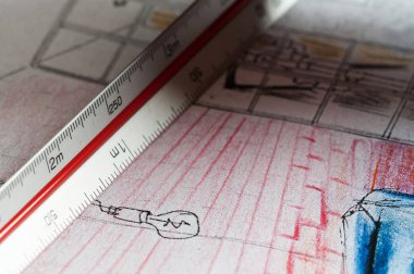 Anahat çizimler mutfak tasarım tasarım için her şeyi kurşun kalemle çizilir. Güzel, tuğla duvarlar.