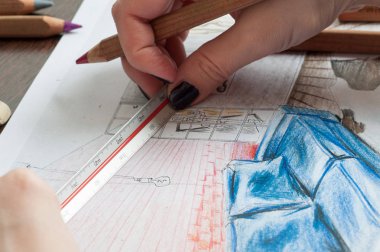 Anahat çizimler mutfak tasarım tasarım için her şeyi kurşun kalemle çizilir. Güzel, tuğla duvarlar.