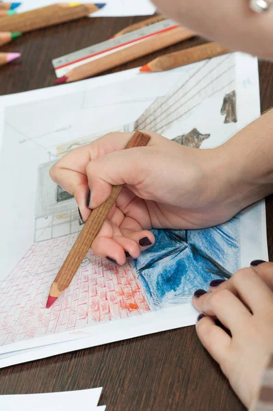 Outline drawings for the design of the kitchen design, everything is drawn in pencil. Beautiful, brick walls.