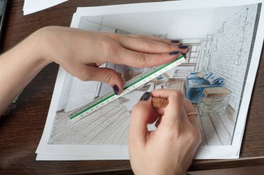 Anahat çizimler mutfak tasarım tasarım için her şeyi kurşun kalemle çizilir. Güzel, tuğla duvarlar.