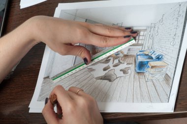 Anahat çizimler mutfak tasarım tasarım için her şeyi kurşun kalemle çizilir. Güzel, tuğla duvarlar.