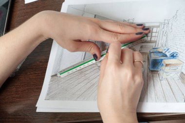 Anahat çizimler mutfak tasarım tasarım için her şeyi kurşun kalemle çizilir. Güzel, tuğla duvarlar.