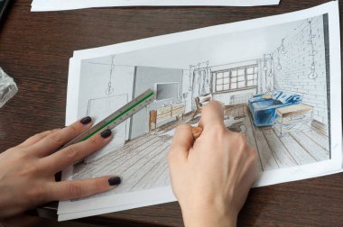 Anahat çizimler mutfak tasarım tasarım için her şeyi kurşun kalemle çizilir. Güzel, tuğla duvarlar.