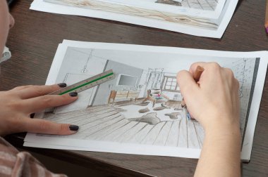 Anahat çizimler mutfak tasarım tasarım için her şeyi kurşun kalemle çizilir. Güzel, tuğla duvarlar.